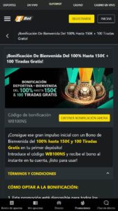 Primer bono de 1Bet al registrarse