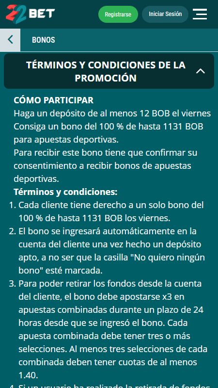 terminos y condiciones recarga de viernes en 22bet