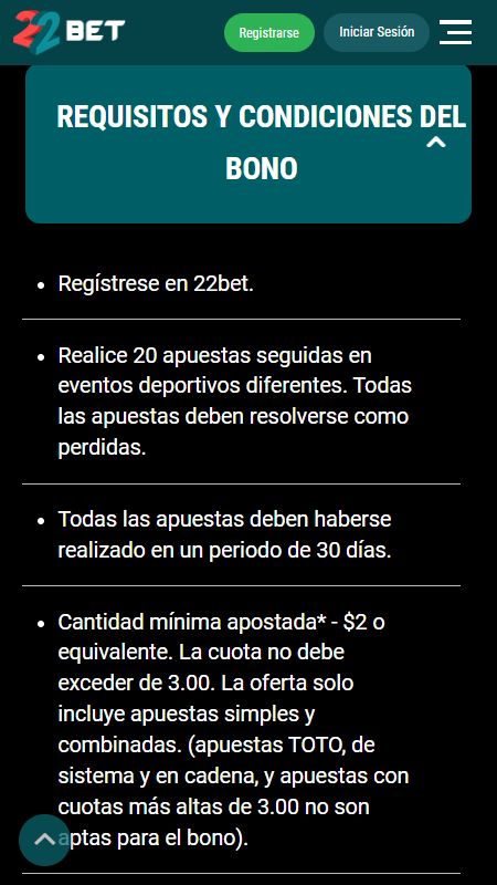 terminos y condiciones racha de perdidas en 22bet